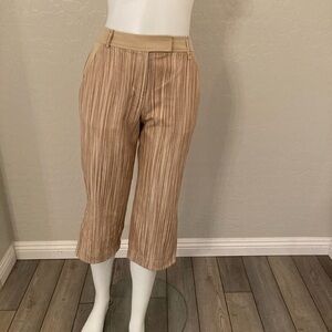St. John Striped Khaki Wide Leg Cropped Pants Small